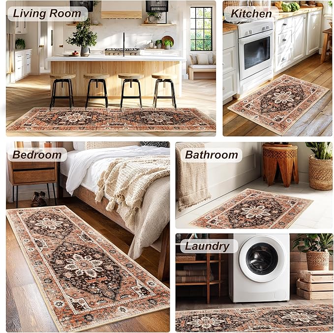 XWZO Runner Rug 2x6ft, Washable Hallway Runner with Non-Slip Backing, Vintage Spill Stain Resistant Floor Mat for Entryway Corridor Bedroom Kitchen, Soft Low-Pile Area Carpet, Brick Red