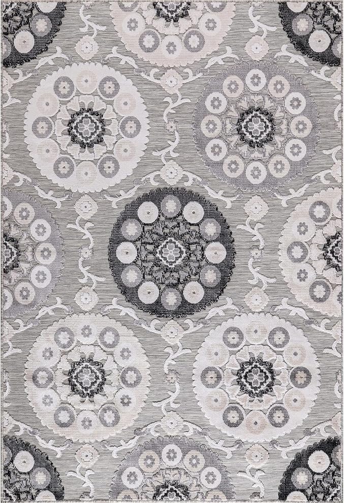 CAMILSON Indoor Outdoor Rug 5x7 Bohemian Medallion Floral Area Rugs for Indoor and Outdoor Patios Easy-Cleaning Non-Shedding Living Room Garden and Kitchen Washable Outside Carpet (5 x 7 / Gray)