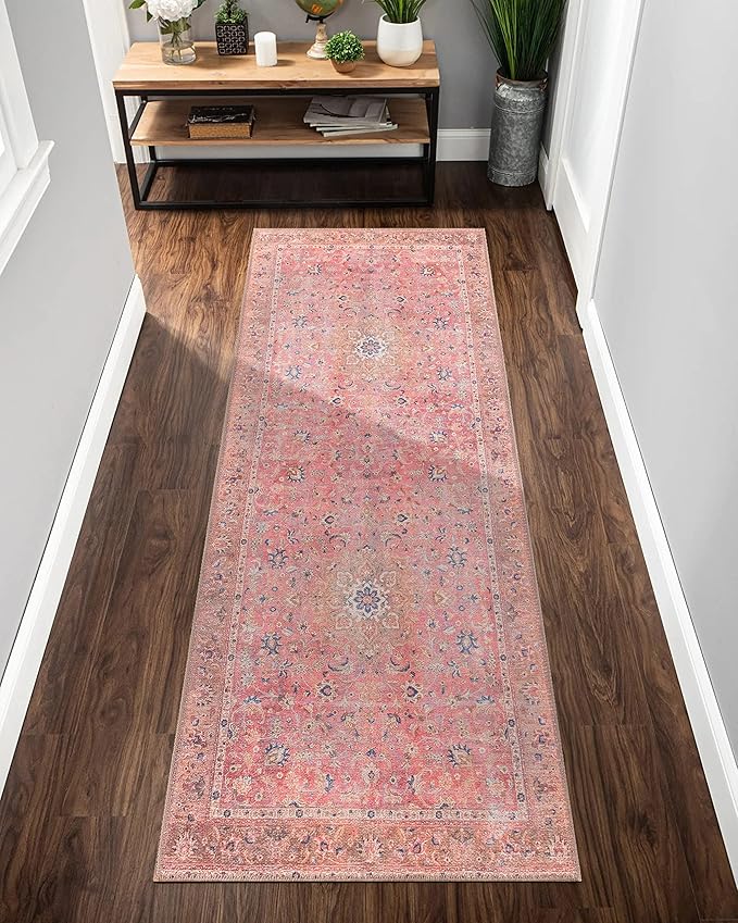 GLN Rugs Traditional Collection - Machine Washable Area Rug, Traditional Washable, Non Slip, Low Pile Chenille Rug, Living Room, Bedroom, Kitchen Rug (2'6" x 7' Pink/Cream)