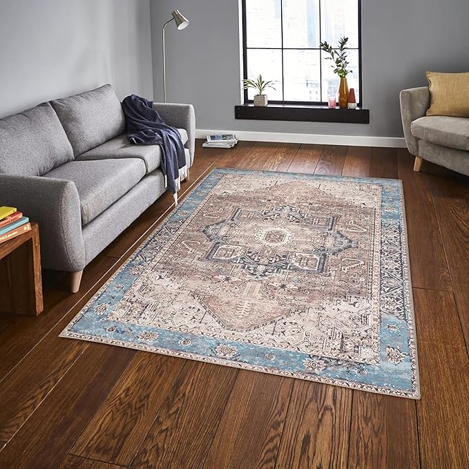GLN Rugs Traditional Collection - Machine Washable Area Rug, Traditional Washable, Non Slip, Low Pile Chenille Rug, Living Room, Bedroom, Kitchen Rug (5' x 7' Brown/Blue)