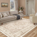 3x5 Beige Washable Vintage Area Rug for Living Room Bedroom Soft Tranditional Non Slip Throw Rug Lightweight Floral Low Pile Distressed Carpet Entrance Laundry Room Office