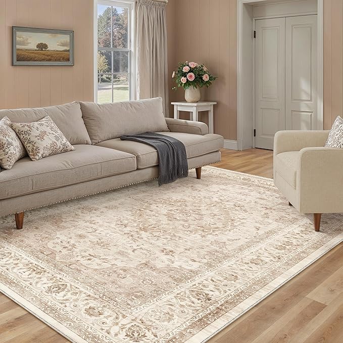 3x5 Beige Washable Vintage Area Rug for Living Room Bedroom Soft Tranditional Non Slip Throw Rug Lightweight Floral Low Pile Distressed Carpet Entrance Laundry Room Office