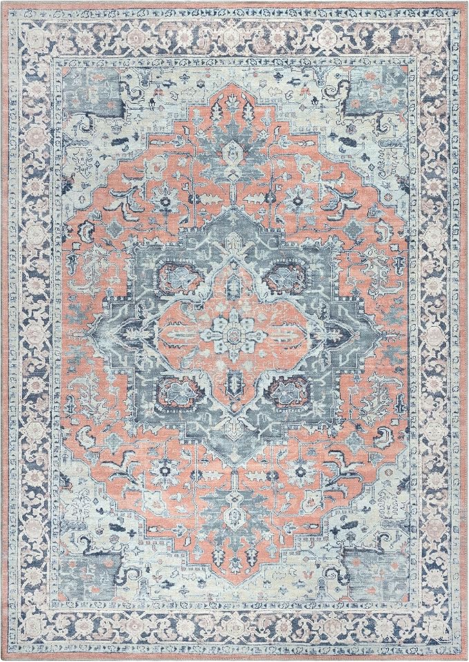 Bloom Rugs Washable Non-Slip 9' x 12' Rug - Coral/Blue Traditional Medallion Area Rug for Living Room, Bedroom, Dining Room, and Kitchen - Exact Size: 9' x 12'