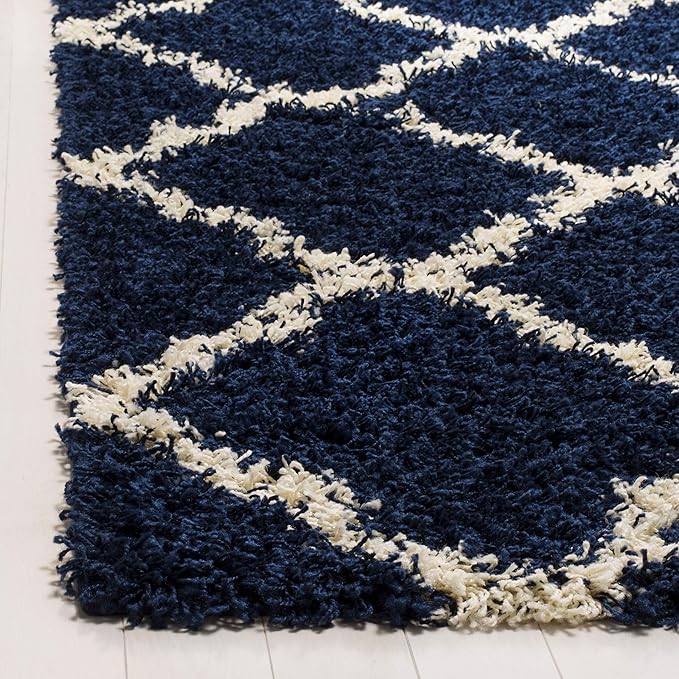 SAFAVIEH Dallas Shag Collection Runner Rug - 2'3" x 12', Navy & Ivory, Trellis Design, Non-Shedding & Easy Care, 1.5-inch Thick Ideal for High Traffic Areas in Living Room, Bedroom (SGD257N)