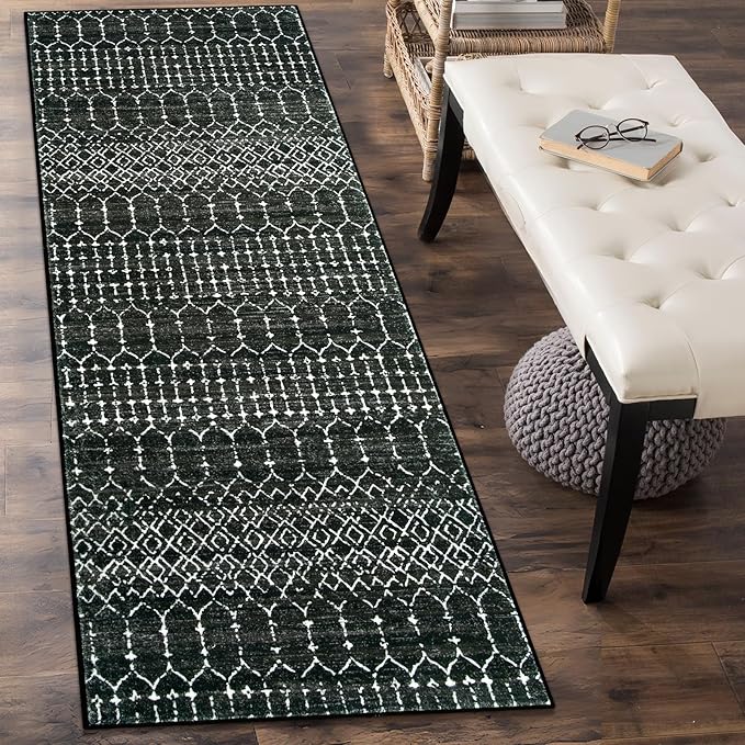 Lahome Moroccan Black Long Runner Washable Hallway Rug, Ultra-Thin Non Slip Kitchen Runner, Soft Modern Print Indoor Floor Carpet for Entryway Stair (Black, 2'5''x12'')