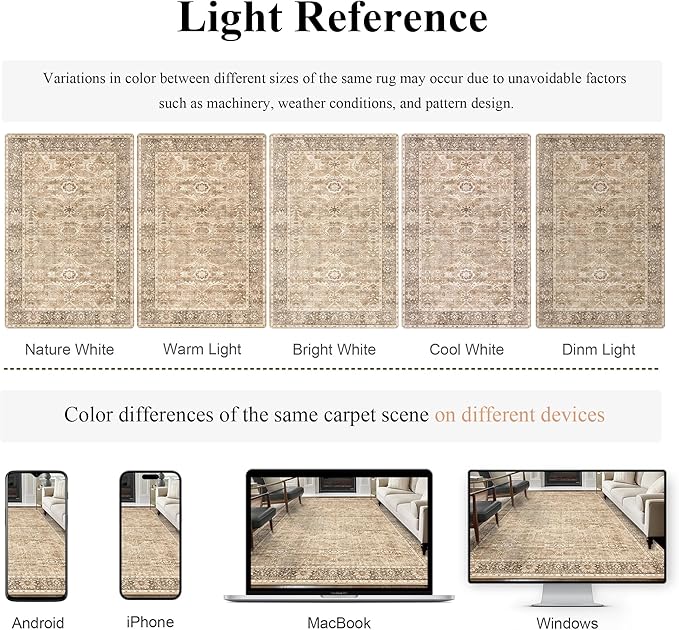 6x9 Beige Washable Rug for Living Room Large Vintage Distressed Bedroom Rug Low Pile Non-Slip Soft Boho Carpets for Bedroom Dining Room Home Office Indoor Nursery