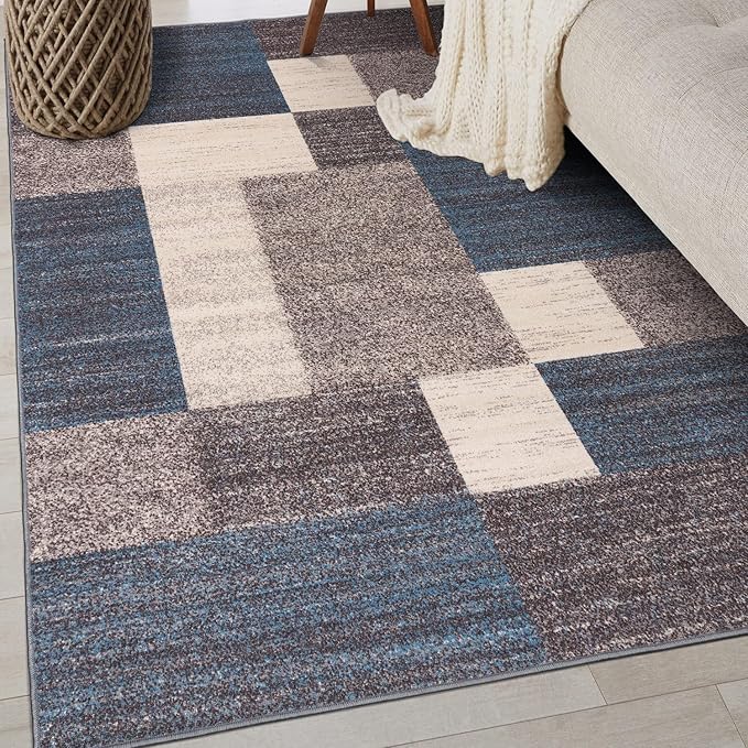 Rugshop Contemporary Blue Geometric Boxes Non-Slip Area Rug Non-Shedding for Living Room, Dining Room and Office, 3'3" x 5'