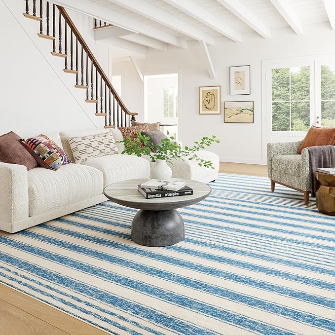 Dash & Albert Vion Blue Machine Washable Rug, 5 X 8 Feet, Blue/Grey Stripe Pattern