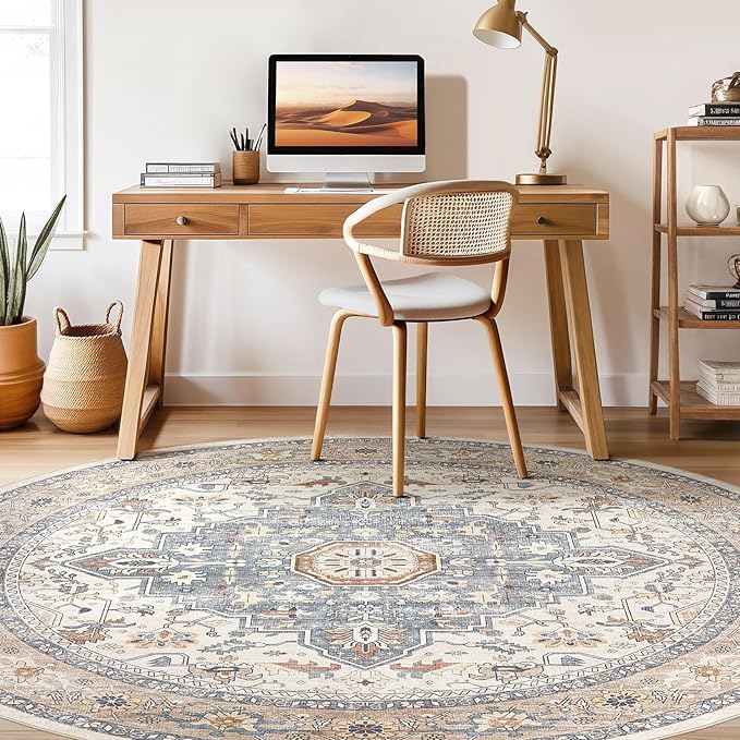 Round Rug Living Room Rugs: 6Ft Washable Boho Neutral Large Circle Soft Indoor Distressed Stain Resistant Floor Farmhouse Carpet for Bedroom Nursery Kids Playroom Office Dining Room Dorm- Beige Blue