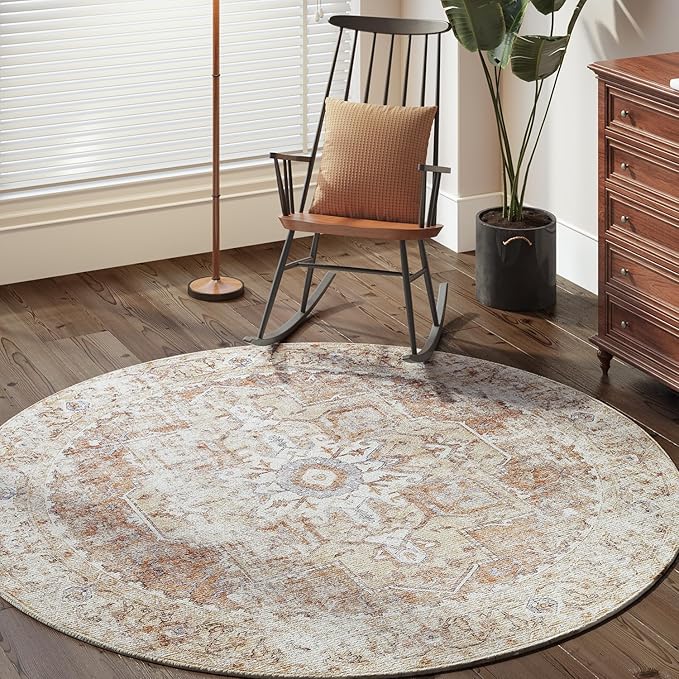 jinchan Round Rug 6ft Washable Area Rug Indoor Vintage Bedroom Floor Cover Distressed Circle Mat 6' Round Lightweight Non Slip Low Pile Thin Farmhouse Carpet for Living Room Dining Room Brick Red