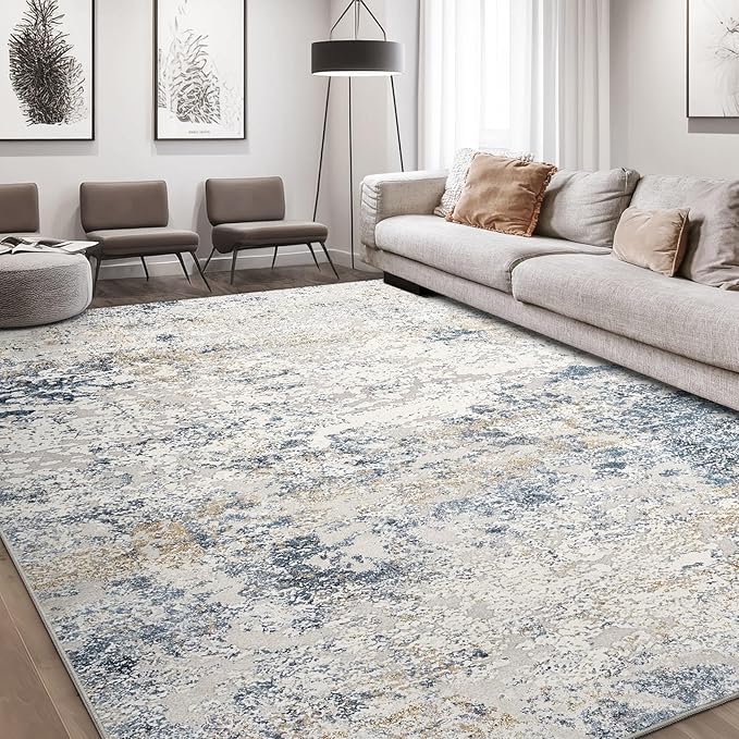 Area Rug Living Room Rugs - 6x9 Abstract Large Soft Indoor Washable Rug Neutral Modern Low Pile Carpet for Bedroom Dining Room Farmhouse Home Office - Beige Blue