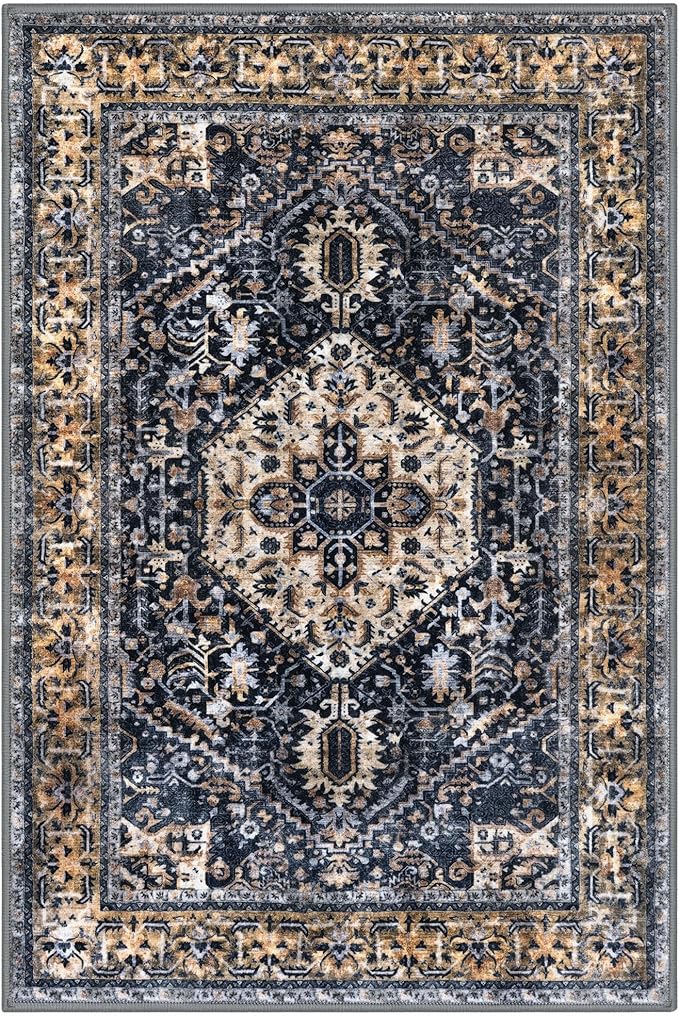 KOZYFLY Boho Area Rug 4x6 Ft Rugs for Entryway Washable Entry Rug Non Slip Rugs for Living Room Gold Navy Printed Faux Wool Vintage Bedroom Throw Rug for Entrance Kitchen Living Room