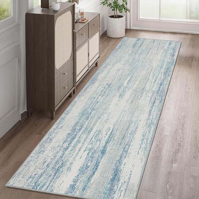 MUJOO Washable Runner Rug 2x8,Modern Abstract Area Rugs for Kitchen Hallways Bedroom Bedside Bathroom Laundry,Non Slip Throw Carpet Long Mat Indoor,Low Pile Accent Neutral Blue