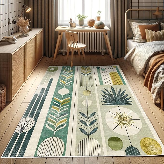 Ambesonne Mid Century Modern Decorative Rug, Abstract Circles Leaves and Stripes in Nature Color Palette, Quality Carpet for Bedroom Dorm and Living Room, 2' 2" x 3' 7", Fawn Teal Pale Green