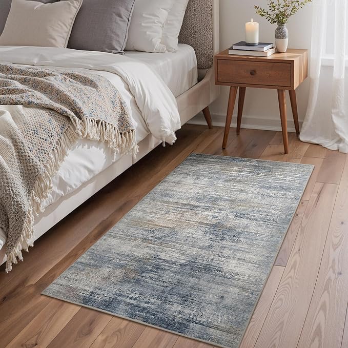 Bavni Washable Rug, Soft Abstract Rugs Non-Slip, Thin Foldable 3x5 Rug, Modern Stain Resistant Area Rug for Living Room, Kitchen, Bedroom, Blue/Light Grey
