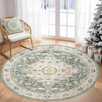 Round Rug Living Room Rugs: 6x6 Washable Boho Neutral Large Circle Soft Indoor Distressed Stain Resistant Floor Farmhouse Carpet for Bedroom Nursery Kids Playroom Office Dining Room Dorm- Green