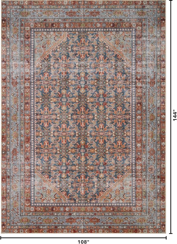 Kuden 9x12 Large Area Rug, Machine Washable Area Rug with Non-Slip Backing, Vintage Style, Soft, Easy Clean, Low Pile Rug for Living Room, Bedroom, Dining Room