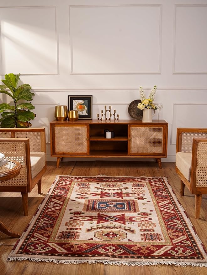 Hand Knotted Wool & Silk ECO-Friendly Oriental Area Rugs - 4'x6', Rectangle Shape, Cream Burgundy Color, Classic Oriental Traditional, Medium Pile Handmade Area Rugs (AF0102)