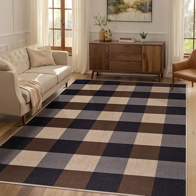 Tangsoo Checkered Easy Jute Rug,3x5 Washable Area Rug for Bedroom,Non-Slip Black Brown Indoor Outdoor Rug Modern Farmhouse Low Pile Carpet for Bedroom Patio Backyard Entryway