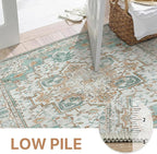 GENIMO 8x10 Area Rugs for Living Room, Machine Washable Non Slip Vintage Rugs, Low Pile Lightweight Chenille Print Rug for Bedroom, Dining Room, Home Office, Cyan
