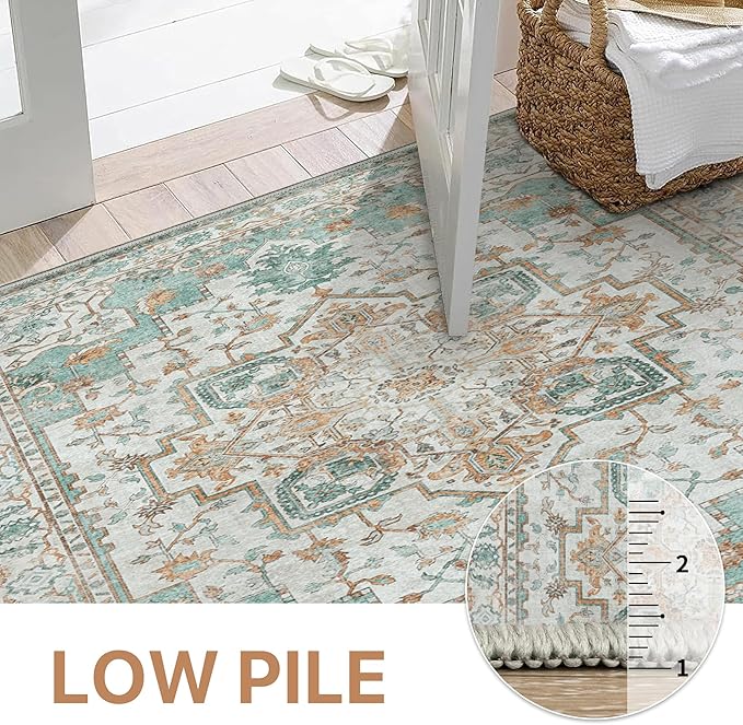 GENIMO 2‘6“x8 Runner Rugs for Hallway, Machine Washable Non Slip Vintage Rugs, Low Pile Lightweight Soft Print Rug for enrtyway, Corridor, Home Office, Kitchen, Cyan
