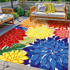 Colorful 9x12 Outdoor Area Rug Washable Multicolored Patio Rug Tropical Botanical Floral Chenille Waterproof Outdoor Carpet Non-Slip for Deck, Backyard, Porch, Rainbow