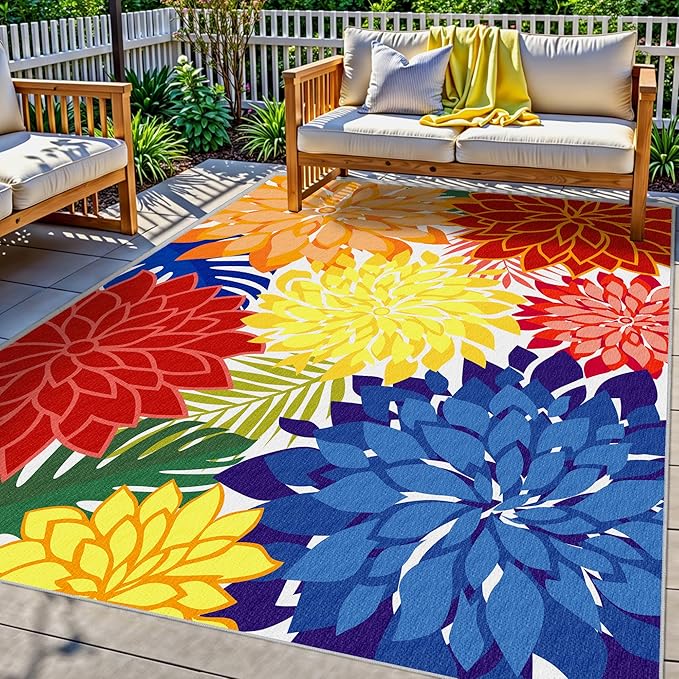 Colorful 9x12 Outdoor Area Rug Washable Multicolored Patio Rug Tropical Botanical Floral Chenille Waterproof Outdoor Carpet Non-Slip for Deck, Backyard, Porch, Rainbow