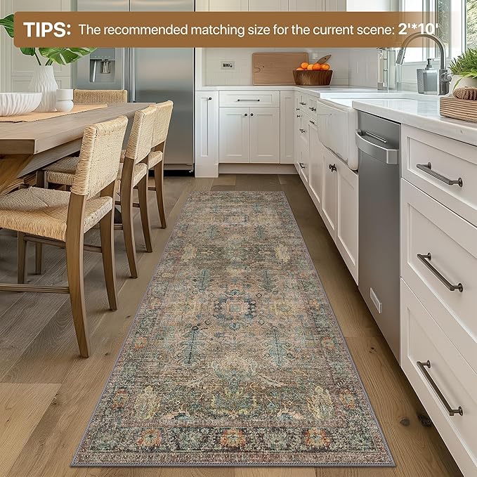 Bavni 8x10 Area Rugs for Living Room, Machine Washable Rug Lightweight Low Pile, Chenille Non Slip Rug Boho Print Decorative Carpet for Bedroom Dinner Room, Olive Green