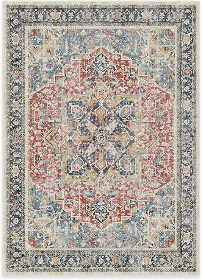 RUGGABLE Washable Vintage Area Rug – Kamran Cayenne Red 5x7, Stain-Resistant, Non-Slip – Medium Machine Washable Rugs for Living Room, Bedroom, Hallway, Entryway & Office–with Cushioned Pad