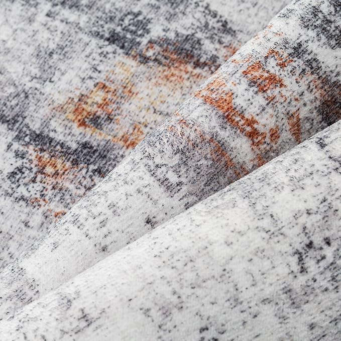 8x10 Washable Area Rug Grey Rust Abstract Living Room Bedroom Carpet Neutral Modern Non-Slip Soft Low Pile Lightweight Vacuumable Large Throw Rug for Dining Room