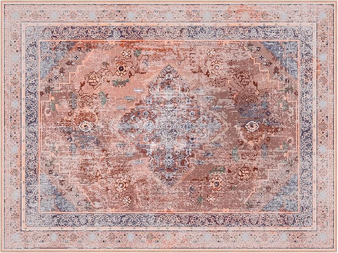 Phantoscope Washable Area Rug 9'x12' Non-Slip, Vintage Neutral Fall Rugs for Living Room, Bedroom, Dining Room, Distressed Boho Medallion Pattern, Low-Pile Foldable Floor Carpet, Rust Orange