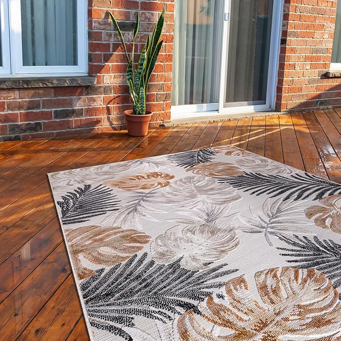 CAMILSON Indoor Outdoor Rug, Yellow 9’x12’ Leaf Tropical Botanical Area Rugs for Indoor and Outdoor patios, Easy-Cleaning Non-Shedding Living Room, Garden and Kitchen Washable Outside Carpet (9x12)