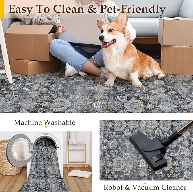HUGEAR 6x9 Area Rug Black Vintage Machine Washable Living Room Retro Rugs Distressed Floral Vacuumable Low Pile Carpet Bedroom Office Dining Room Laundry Room Non Slip Soft Lightweight