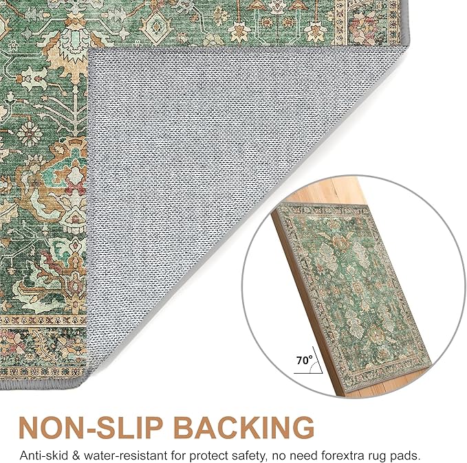 Bavni Entryway Rug, 2x3 Washable Rug Ultra-Thin Low Pile, Non-Slip Small Rugs Indoor for Front Door Entrance Bathroom, Vintage Print Carpet Soft Stain Resistance, Sage/Gold