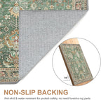 Bavni Washable Area Rugs 8x10 Green Boho Rug Tumble Vintage Large Carpet for Living Room Bedroom Dining Room, Non Slip Thin Low Pile Chenille, Dark Sage/Gold