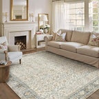 Beige Area Rug 8x10 Living Room Machine Washable Vintage Carpet Non Slip Indoor Retro Traditional Accent Throw Large Rug for Office Bedroom Dining Room Playroom
