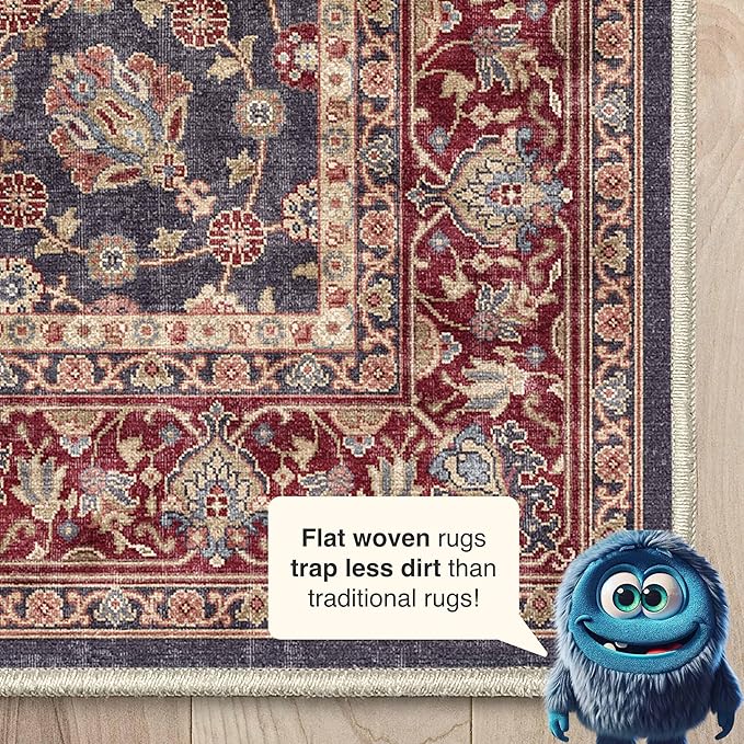 Well Woven Asha Rome Navy Blue Red 7'7" x 9'10" Area Rug - Oriental Floral Pattern, Easy Clean, Floor-Friendly Backing - for Living Room, Bedroom, and Dining Room