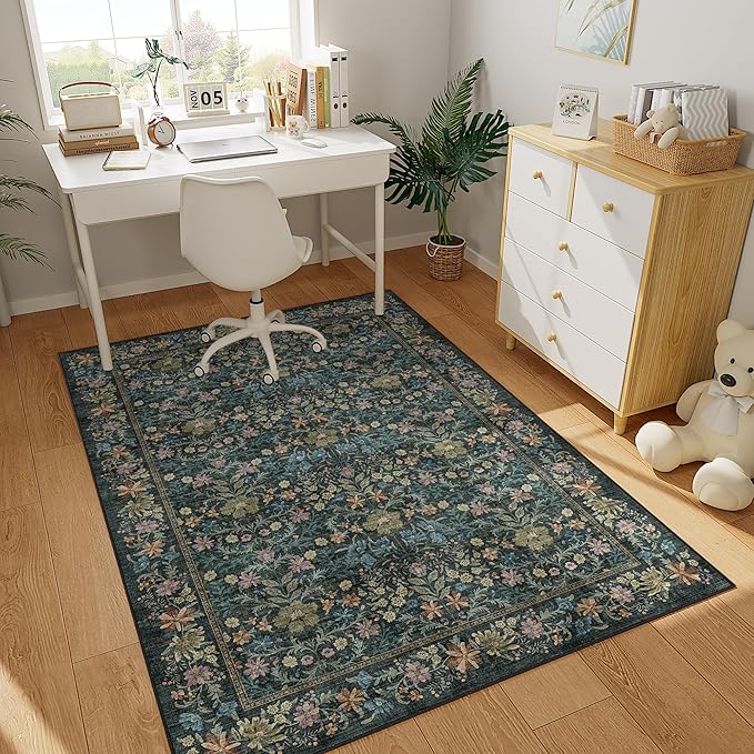 DUKINO 3x5 Area Rug, Vintage Floral Washable Rug for Bedroom with Non Slip Design, Soft Low Pile Indoor Small Carpet for Bedroom, Farmhouse, Living Room, Office, Bathroom, Blue