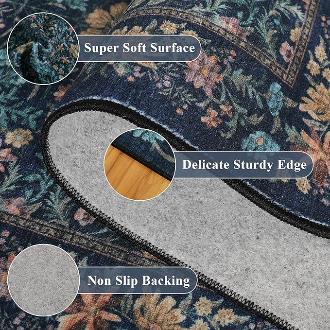 DUKINO 2x3 Entryway Rug, Floral Washable Area Rug with Non Slip Indoor Door Mat, Vintage Low Pile Small Front Door Throw Carpet for Kitchen, Entrance, Bathroom, Bedroom, Dark Blue