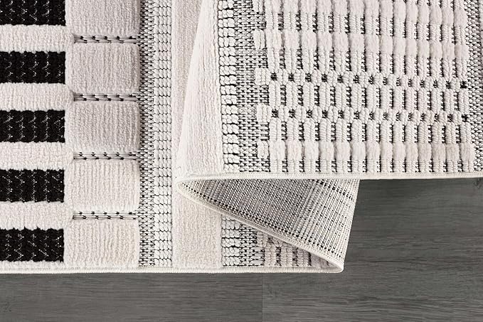 CAMILSON Modern Runner Rug 2x7 Luxury Geometric Pattern Micro Loop Hallway Rugs Soft High and Low Pile Stain Resistant Easy to Clean Non-Shedding Entryway Kitchen Indoor Area Carpet (White/Black)