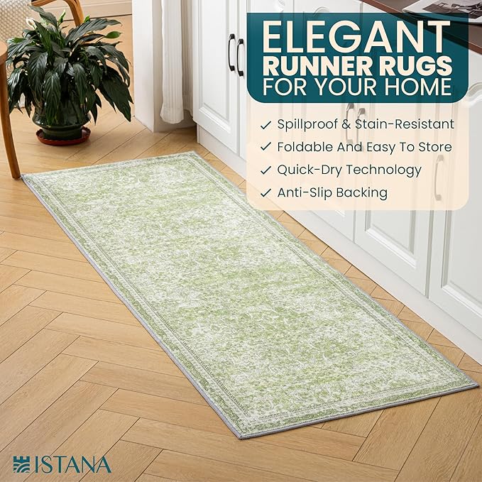 Istana Hallway Runner Rug 2x6 - Light Green Kitchen Rugs Non Slip Washable -Silk's Soft Touch Carpet Runner - Stylish Rug Runner for Home