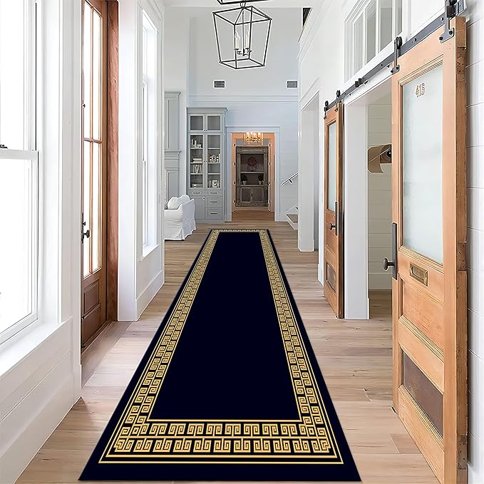 Modern Geometric Meandering Throw Carpet Runner for Entrance, 1.3x7ft, Orange Geometric Design Carpets for Entryway, Navy Blue Background Cozy Foldable Dirty Resistant Rug for Sofa Office