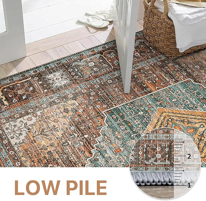 Bavni 2x3 Entryway Rug Bathroom Rugs for Front Door Bedroom Bathroom Kitchen, Washable Print Carpet, Lightweight Rug with Non Slip Backing, Vintage Brown/Blue