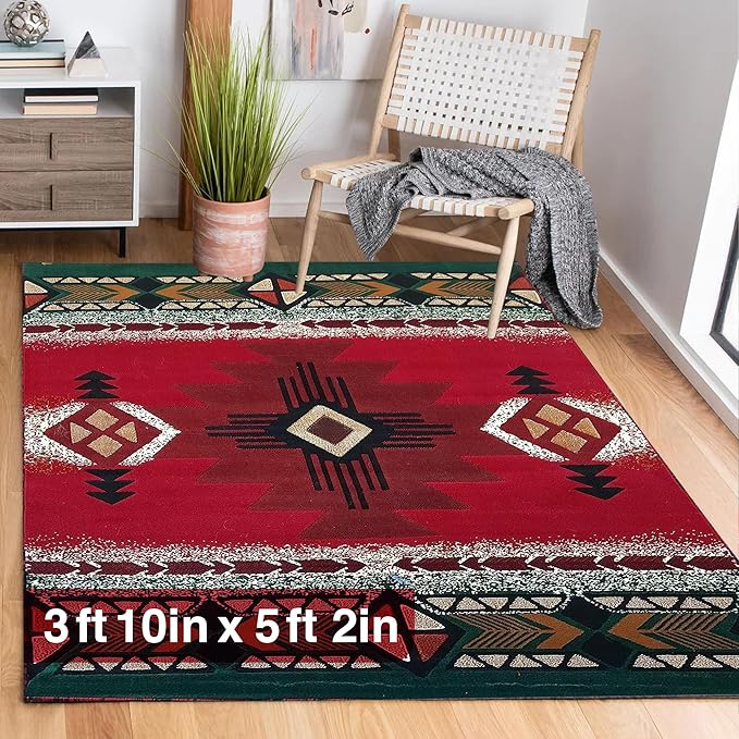YHSF South West Native American Area Rug C318 - Easy Clean, Thick, Soft, Durable Native Tribal American Indian Inspired Rug for Bedroom/Living Room and More - Red, 3 Feet 10 Inches x 5 Feet 2 Inches
