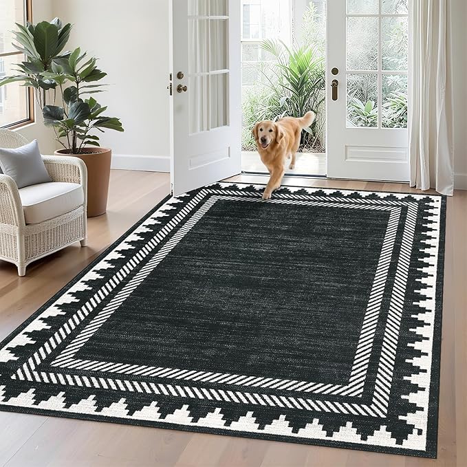 Modern Low Pile Non Slip 5x7 Machine Washable Living Room Area Rug Foldable Modern Geometric Soft Floor Carpet Geometric Bordered Stain Resistant Indoor Rug with Rubber Back, Black