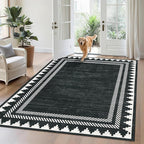 Modern Low Pile Non Slip 5x7 Machine Washable Living Room Area Rug Foldable Modern Geometric Soft Floor Carpet Geometric Bordered Stain Resistant Indoor Rug with Rubber Back, Black
