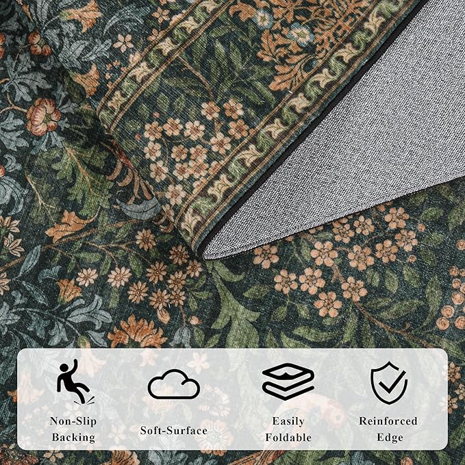 3x5 Floral Washable Area Rug for Living Room, Vintage Boho Rugs for Bedroom Dining Room, Botanical Birds Non Slip Low Pile Forest Throw Carpet for Farmhouse Office, Retro Gold/Green