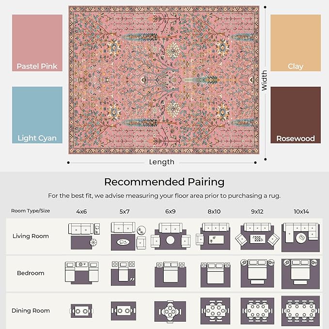 Kokia Boho Vintage Floral Area Rugs, Washable Oriental Botanical Rugs for Living Room, Bedroom, Dining Room, Office, Large Soft Indoor Area Rug, Rosette Pink，8x10