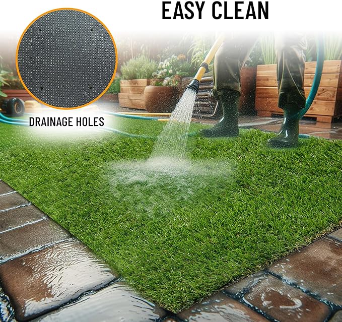 Ottomanson 6'6" x 28' Artificial Faux Grass Rug - Realistic Turf with UV Protection - Perforated for Easy Drainage - Durable, Hose-Off Synthetic Lawn Carpet for Indoor & Outdoor Use, Green