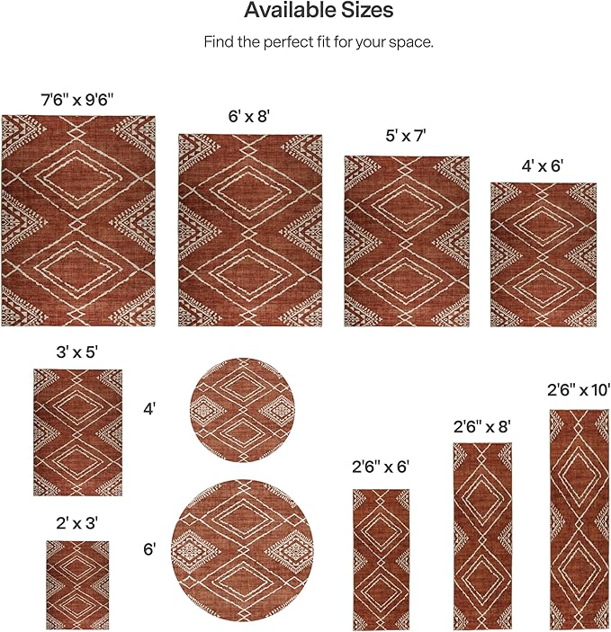 ReaLife Rugs Machine Washable Area Rug - Living Room Bedroom Bathroom Kitchen Entryway Office - Non Slip Low Pile Stain Resistant Premium - Moroccan Diamond Tribal - Jax - Orange 4' Round